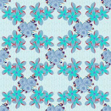 Mavi ve mor renkli, soyut, sevimli çiçek deseni. Raster illüstrasyonu. Parlak, güzel çiçekler, kusursuz bir arka plan..