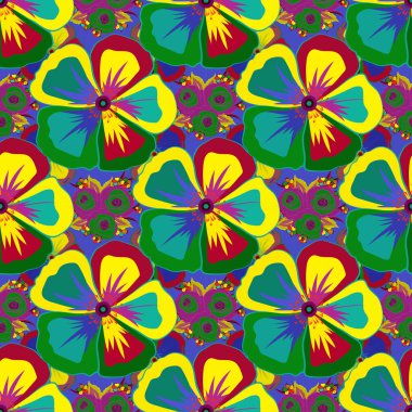 Soyut vektör arkaplanı. Çiçeksiz desenli, çiçek açan kozmos çiçekleri ve yaprakları sarı, mavi ve yeşil renklerde. Kozmos çiçekli şık duvar kağıtları.