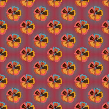 Şekillendirilmiş kozmos çiçekleri ve kırmızı, pembe ve kahverengi yapraklı vektörsüz arkaplan deseni.