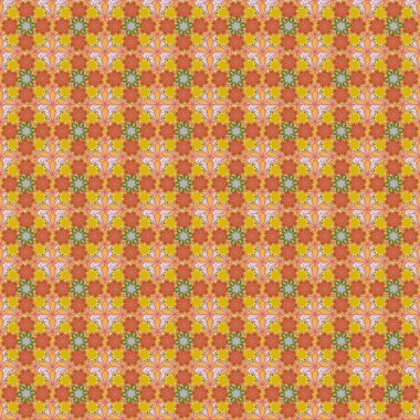 Moda baskıları için zarif bir şablon. Ditsy çiçek stili. Kırmızı, sarı ve kahverengi renkli küçük çiçekler. Küçük çiçeklerdeki şirin, pürüzsüz desen..