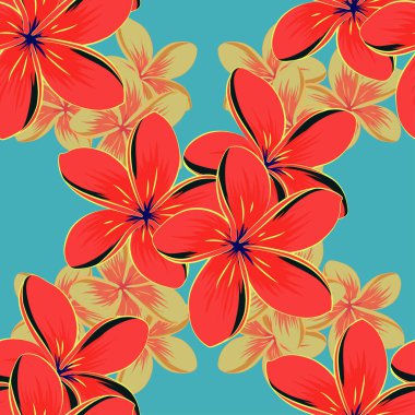 Vektör çizimi. Dekoratif plumeria çiçekleri ve kırmızı, gri ve mavi yapraklı kusursuz arkaplan deseni.