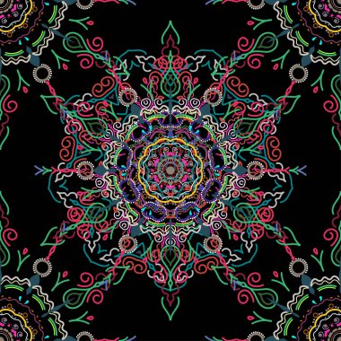 Arap tarzında soyut bir model. Siyah arka planda pembe ve mavi doku. Grafiksel modern model. Kusursuz vektör arkaplanı.