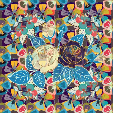 Küçük renkli çiçekler. Küçük şirin, sade bahar stilize gül çiçekleri. Küçük, soyut gri, sarı ve mavi gül çiçeklerinde güzel, pürüzsüz bir desen..