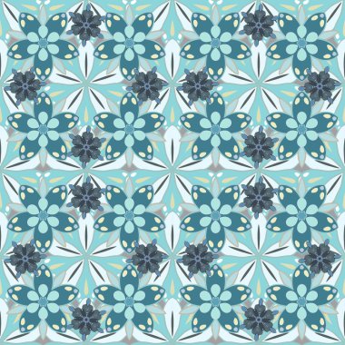 Klasik, dikişsiz desen. Bir sürü çiçek bej, mavi ve gri renklerde. El yapımı, düzenlenebilir elementler. Taklit nakış nakışı. Raster illüstrasyonu.