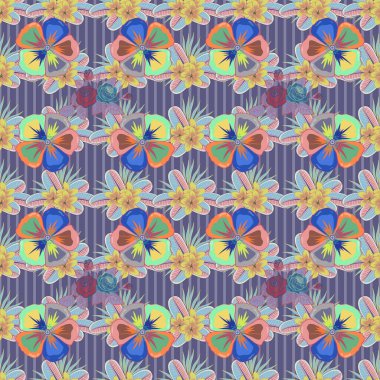 El çizimi çiçek unsurları olan soyut, dikişsiz raster deseni. Kozmos çiçekli ipek eşarp mavi, pembe ve sarı renklerde. Sonbahar renkleri. Retro tekstil tasarım koleksiyonu. 1950 'ler-1960' lar motifleri.