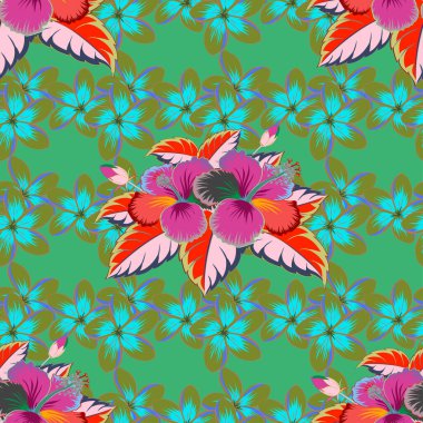 Vektör çizimi. Yeşil, mavi ve kırmızı renklerde yapraklar ve tropikal çiçeklerle kusursuz arkaplan deseni.