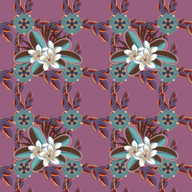 Plumeria çiçekli vektör çizgili, pürüzsüz desen. Kahverengi, mor ve mavi renkli çiçek duvar kağıtları. Kumaş, tekstil ve ambalaj kağıtları için dekoratif süs. Doğulu, desensiz desenli.