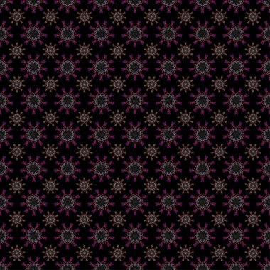 Kusursuz bir arka plan. Renkli desenler antika. Siyah bir arkaplanda kahverengi, mor ve gri renkte çiçek süsü.