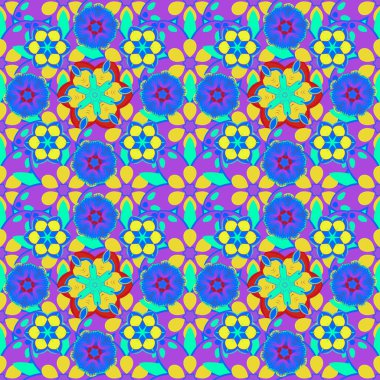 Güzel vektör dokusu. Bahar mahsulü çiçekli arka plan. Sarı, mavi ve mor renkli şirin çiçeklerle kusursuz desen.