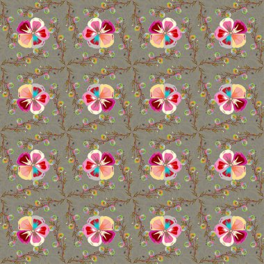 Pembe ve yeşil yapraklı ve tropikal çiçeklerle kusursuz arkaplan deseni.