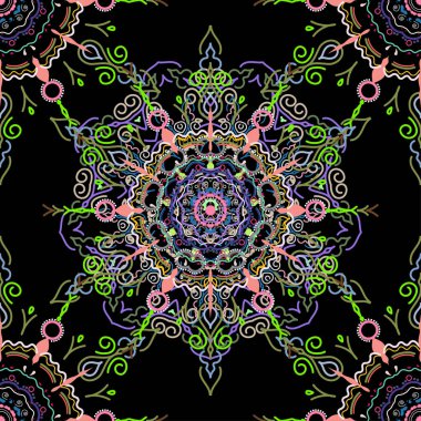 Yeşil, mor ve mavi renklerde Victoria dönemi desenli klasik süslemeler. Vektör çizimi. Kusursuz damaske deseni.