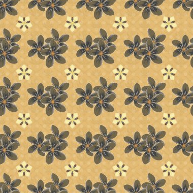 Bej, yeşil ve sarı renklerde kusursuz el yapımı taşıyıcı plumeria çiçek deseni.