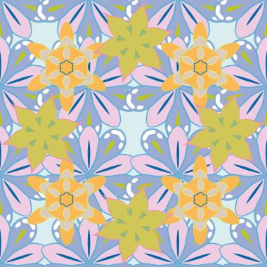 Raster grafik baskısı. Küçük çiçeksiz desen. Bej, mavi ve sarı renkli narin küçük çiçekler..