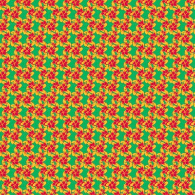 Yeşil, sarı ve morumsu renklerde çiçek motifleri olan soyut zerafet deseni. Dekoratif tesisat çiçekleri tekrar eden desenler. Raster illüstrasyonu.