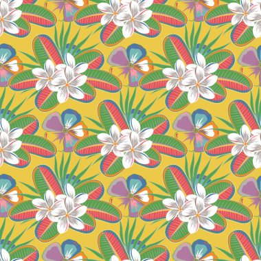 Plumeria çiçek desenli, mor, sarı ve yeşil renklerde kusursuz el yapımı vektör..