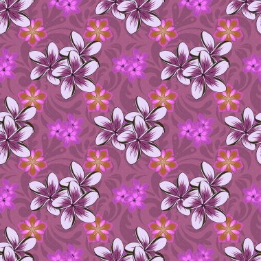 Vektör çizimi. Plumeria çiçeklerinde mor, mor ve morumsu renklerde kusursuz çiçek deseni..