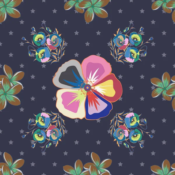 紫と茶色の色でコスモスの花とシルクスカーフ 手描きの花の要素と抽象的なシームレスパターン 1950年代から1960年代のモチーフ レトロなテキスタイルデザインコレクション — ストックベクタ
