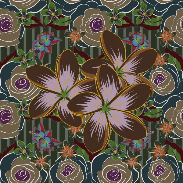 Seamless Floral Pattern Gray Green Brown Colors Motley Plumeria Flowers — Stock Vector