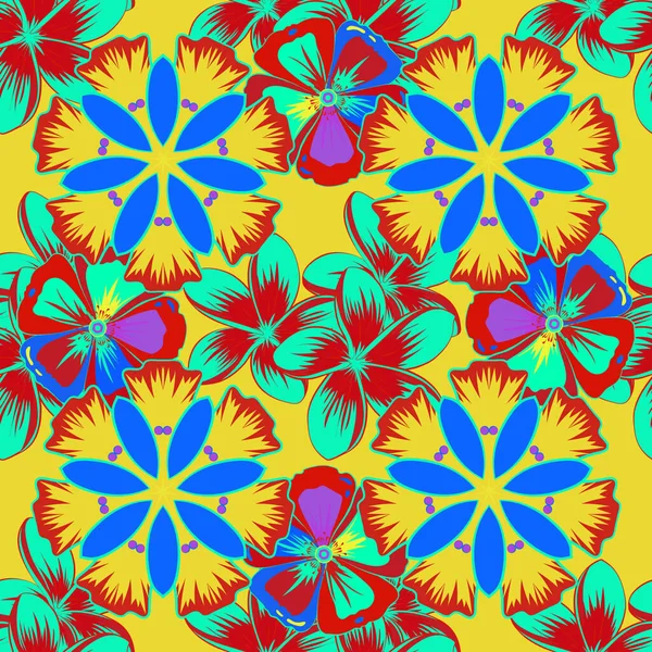 Naadloze Achtergrond Patroon Met Decoratieve Loodgieterij Bloemen Bladeren Blauwe Rode — Stockvector