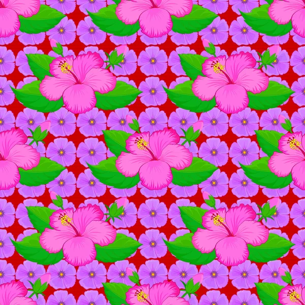 Vector Naadloze Bloemenpatroon Met Hibiscus Bloemen Bladeren Een Rode Achtergrond — Stockvector