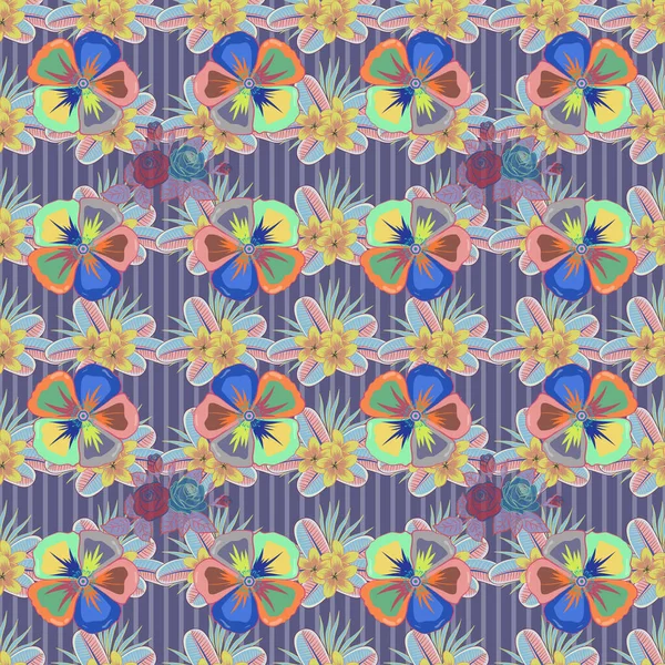 El çizimi çiçek unsurları olan soyut, dikişsiz raster deseni. Kozmos çiçekli ipek eşarp mavi, pembe ve sarı renklerde. Sonbahar renkleri. Retro tekstil tasarım koleksiyonu. 1950 'ler-1960' lar motifleri.