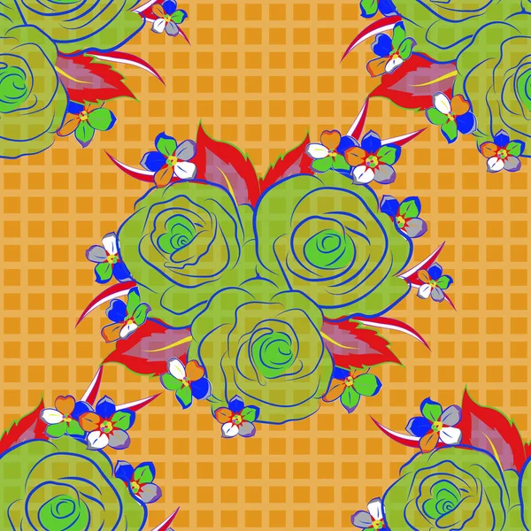 Милий Безшовний Візерунок Маленьких Трояндових Квітках Маленькі Сині Жовті Зелені — стоковий вектор