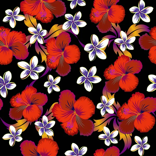 Hibiscus Flowers Seamless Pattern Black Background Gray Red Pink Colors — Stock Vector