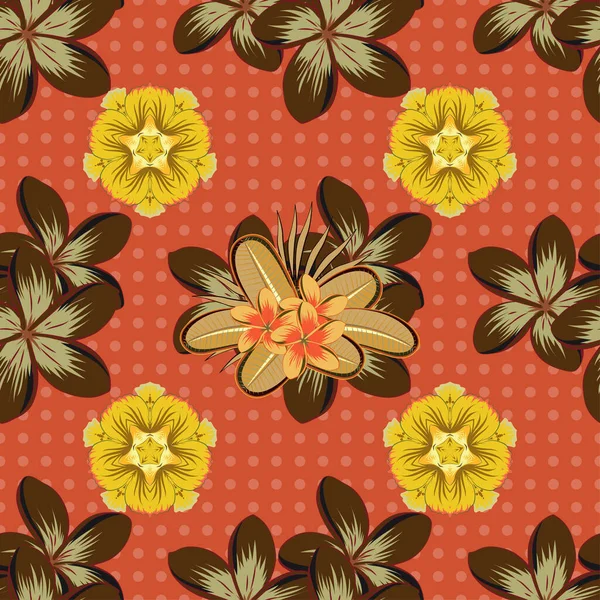 Sarı, turuncu ve kırmızı renklerde soyut şirin çiçek deseni. Plumeria çiçekleri kusursuz bir arka plan. Vektör illüstrasyonu.