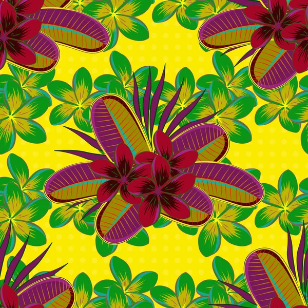 Plumeria Fleurs Motif Sans Couture Dans Les Couleurs Vertes Jaunes — Image vectorielle