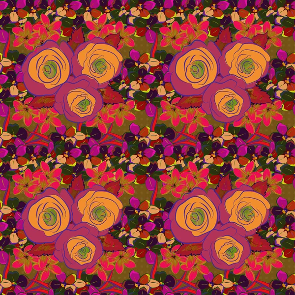 Nahtloses Muster Aquarellblumen Illustration Magenta Orange Und Braun — Stockvektor