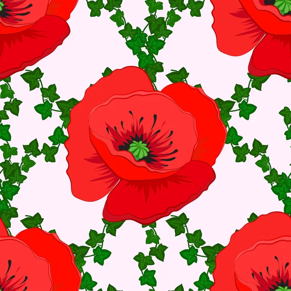 花のシームレスなパターン ベクトルイラスト ベージュ地に抽象的な可愛いポピーの花と春の紙 — ストックベクタ