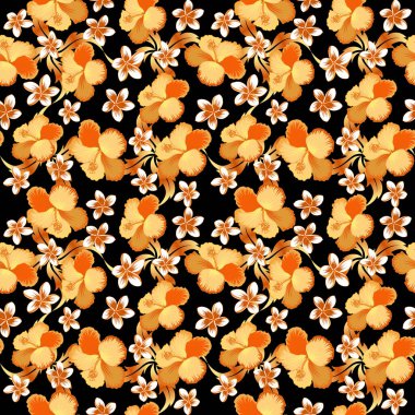 Vektör çiçek. Siyah arkaplanda bej, kahverengi ve turuncu renklerde çeşitli amber çiçekleri.