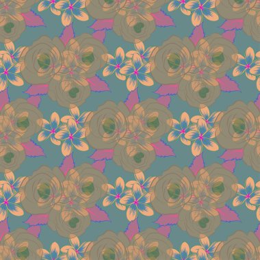 Klasik soyut vektör çiçekli desen bej, yeşil ve mavi renklerde. Kesişen kıvrımlı zarif stilize yapraklar ve parşömenler soyut bir çiçek süsü oluşturuyorlar. Arabesk.