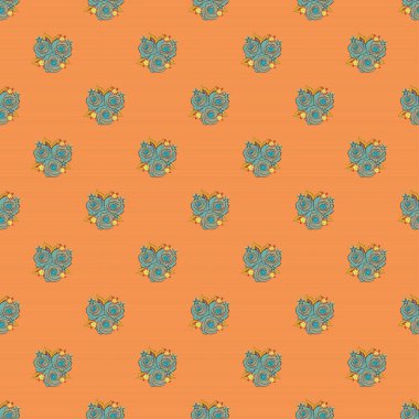 Güzel gül çiçekleri ve sarı, mavi ve turuncu yapraklı kusursuz desenler. Raster illüstrasyonu.