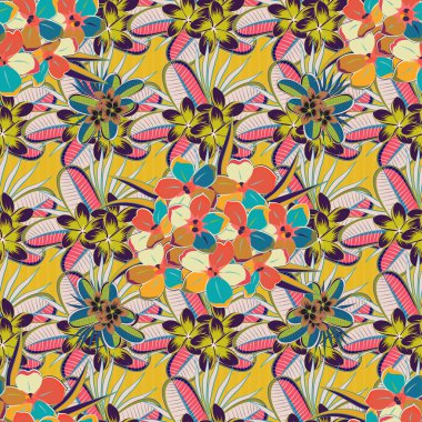 Soyut, şirin, mavi, mor ve sarı renklerde Plumeria çiçekleri olan bahar kağıdı. Çiçeksiz desen. Vektör illüstrasyonu.