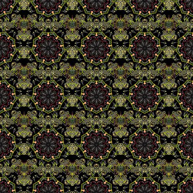 Kusursuz vektör arkaplanı. Arap tarzında soyut bir model. Siyah arka planda gri, kahverengi ve yeşil doku. Grafiksel modern desen.