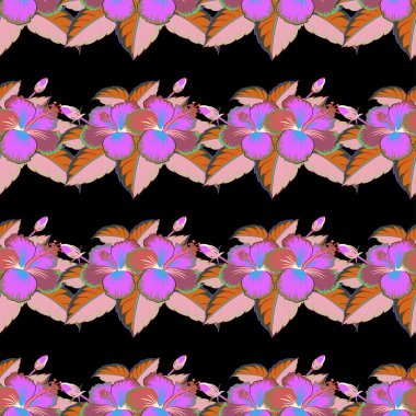 Raster illüstrasyonu. Mavi ve pembe renkli çiçek motifleri ile soyut zarafet kusursuz desen.