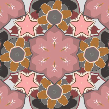 Kahverengi, gri ve pembe renklerde kusursuz bir desen. Küçük çiçeklerdeki sevimli çiçek desenleri. El çizimi soyut çiçekleri.