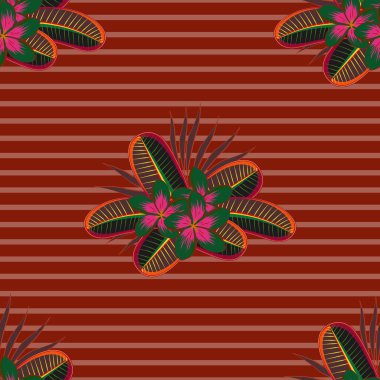 Kırmızı, pembe ve kahverengi renklerde Plumeria çiçekleriyle soyut zarafet deseni.