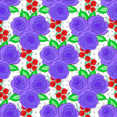 Vektör çizimi. Beyaz bir arka planda, gül çiçekleri ve yeşil yapraklarla kusursuz çiçek deseni..