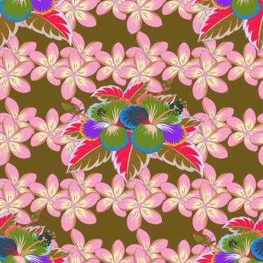 Ditsy tarzı illüstrasyon. Bir sürü çiçeğin görüntüsüyle kusursuz bir desen. Yeşil ve bej renkli küçük şirin çiçekler..