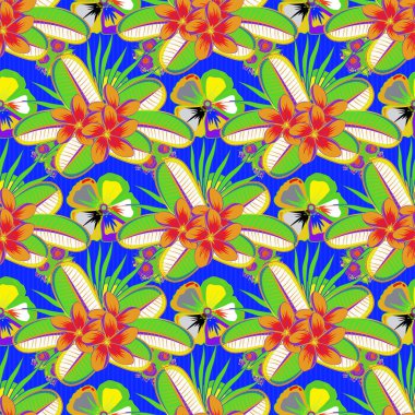Şirin vektör çiçekli arka plan. Plumeria çiçekleri kusursuz desenli mavi, sarı ve yeşil renklerde..