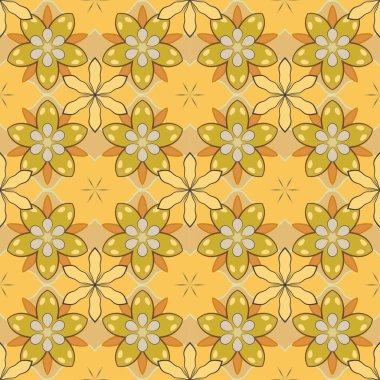Ditsy tarzı. Çiçeksiz desenli küçük çiçekli basit çiçek deseni. Sarı, turuncu ve bej renkli vektör tasarımı.