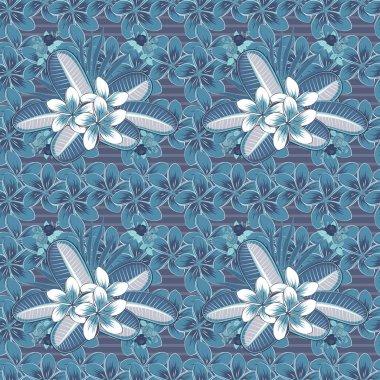 Plumeria çiçekleri pürüzsüz desenli gri, beyaz ve mavi renklerde. Şirin vektör çiçek arkaplanı.