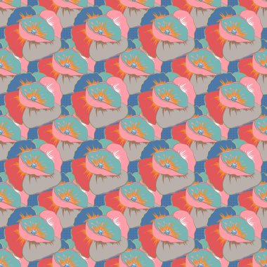 Mavi, gri ve pembe renkli suluboya gelincik çiçekli moda baskı. Eski tarz gelincik çiçekleriyle enfes bir desen. Dekorasyon ve tasarım için güzel vektörsüz desen.