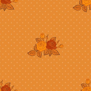 Raster modası geçmiş, kusursuz çiçek deseni. Şekil verilmiş el kahverengi, turuncu ve bej güller.