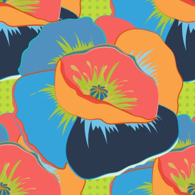 Sarı, kırmızı ve mavi renkli çiçek duvar kağıtları. Kumaş, tekstil ve ambalaj kağıtları için dekoratif süs. Büyük gelincik çiçekli vektör çizgili, pürüzsüz desen. Geleneksel dikişsiz şal deseni.