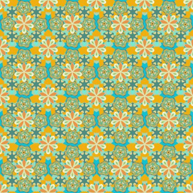 Vektör oldukça eski çiçek izi. Kusursuz bir arkaplan. Yeşil, sarı ve mavi renklerde birçok küçük sevimli çiçeğin kusursuz deseni.