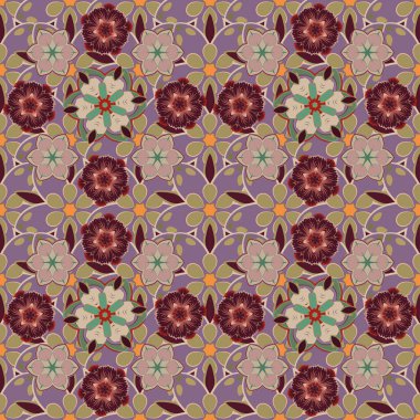 Çiçekli, şık duvar kağıtları. Soyut vektör arkaplanı. Çiçeklerin açtığı desenler ve mor, bej ve kahverengi yapraklar..