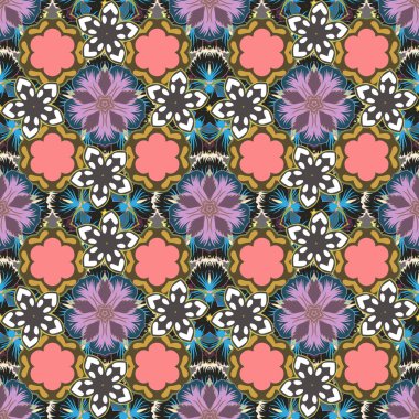 Çiçeksiz desen. Üzerinde kahverengi, pembe ve gri renkte güzel çiçekler olan bahar kağıdı. Raster illüstrasyonu.